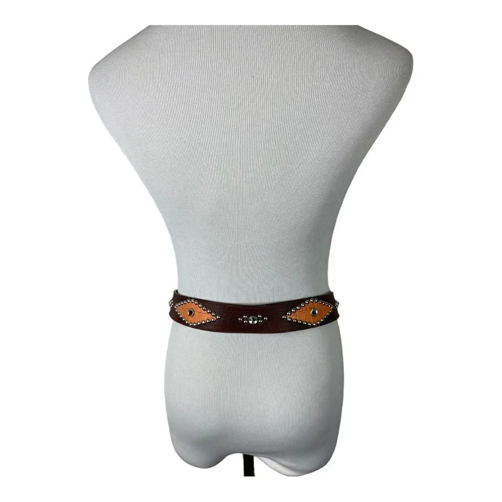 GUESS Brown Leather Belt Studs Rhinestones Western Cowgirl Boho Size L